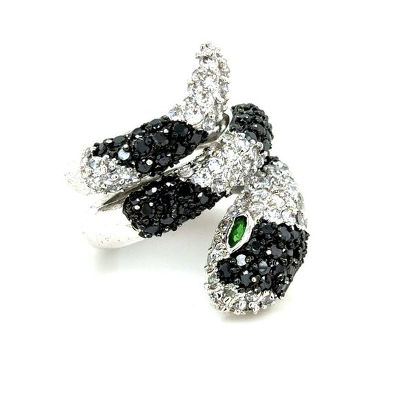 Stunning Pave Black/White Stones with Green Eyes Snake Ring - Picture 1 of 8